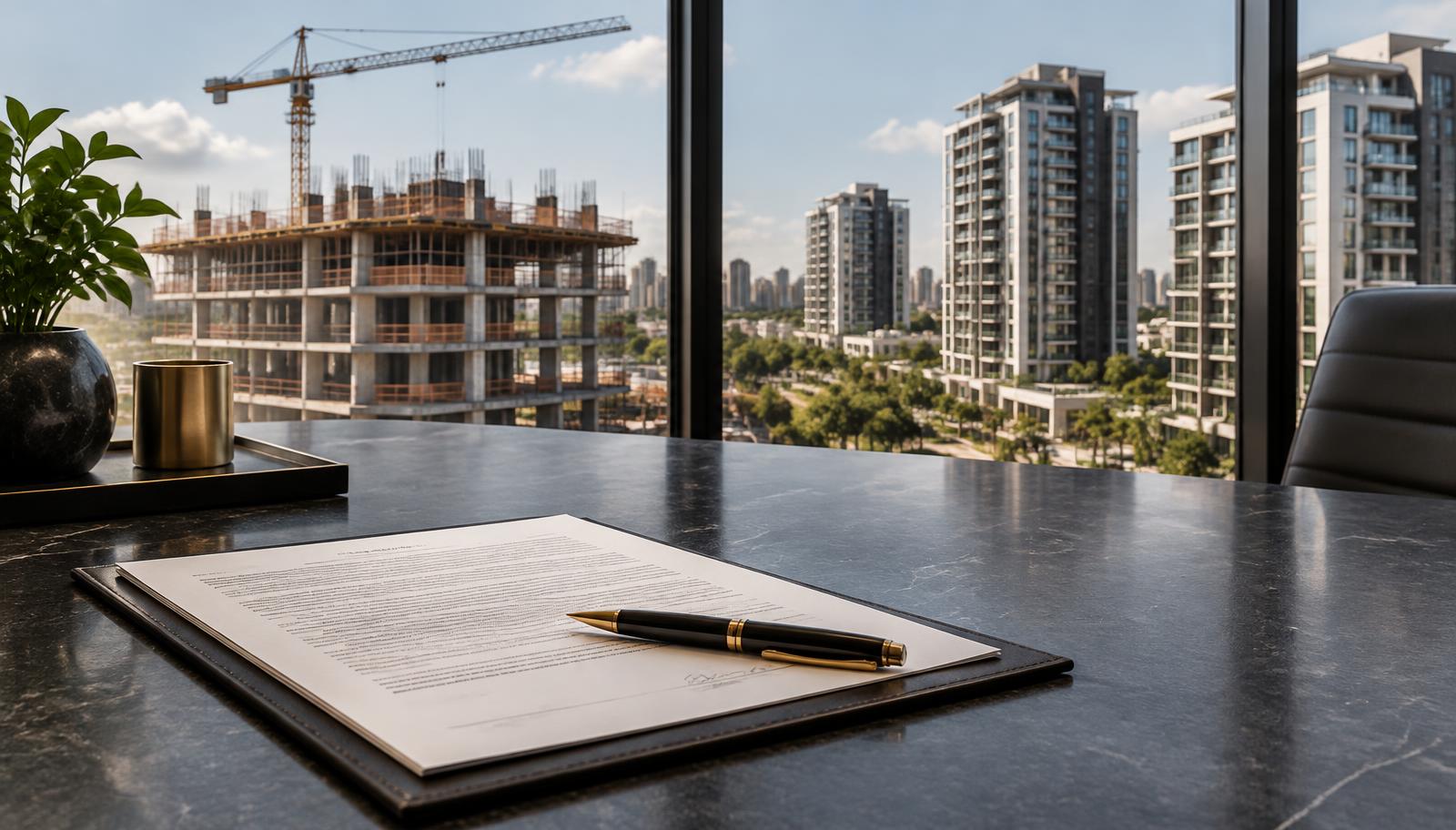 Contrato imobiliário sobre mesa com empreendimento residencial em construção ao fundo