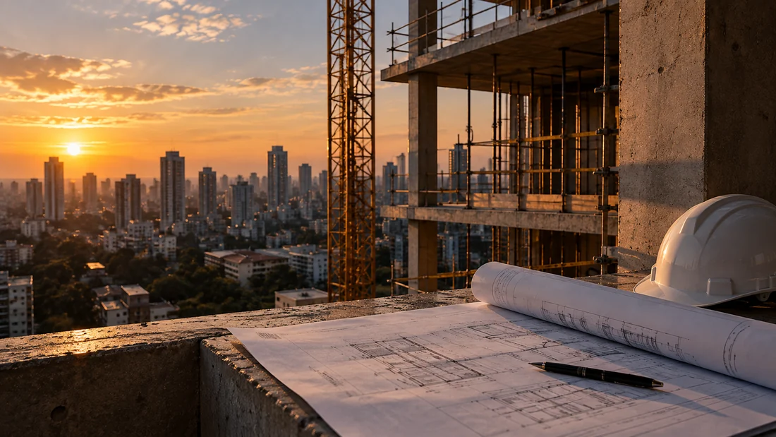 Construção com andaime, grua e plantas ao pôr do sol.