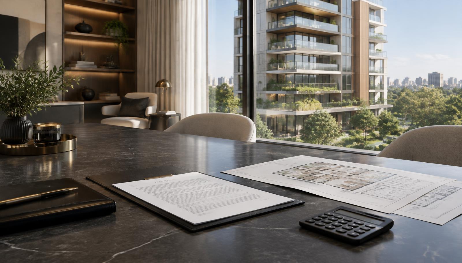 Contrato, planta de imóvel e calculadora sobre mesa em escritório com edifício residencial ao fundo