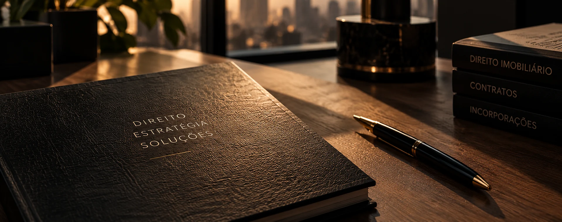 Caderno com a inscrição Direito Estratégia Soluções sobre mesa de madeira.